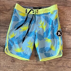 Hurley Boys Blue and Neon Yellow Tropical Swim Trunks